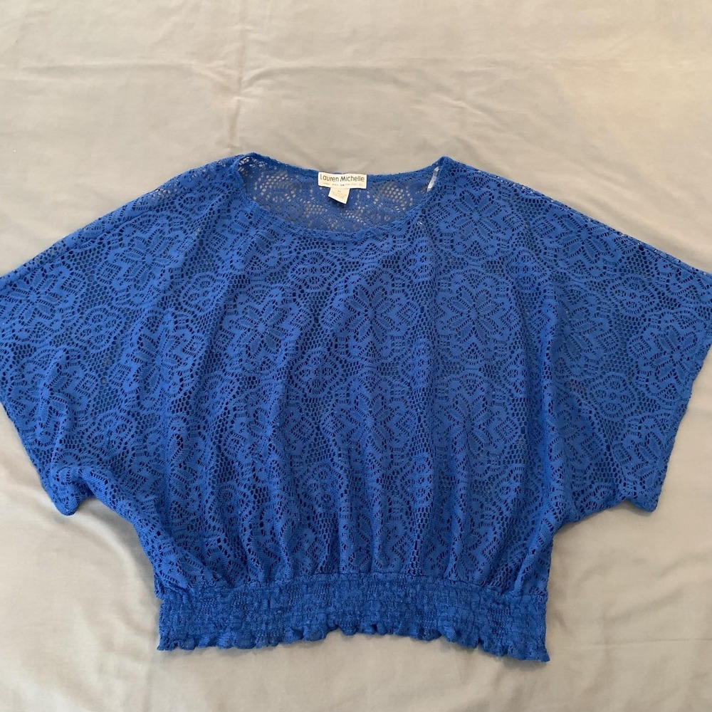 Lauren Michelle Blouse Womens XL Blue Crochet Lace Dolman Short Sleeve Sheer Top